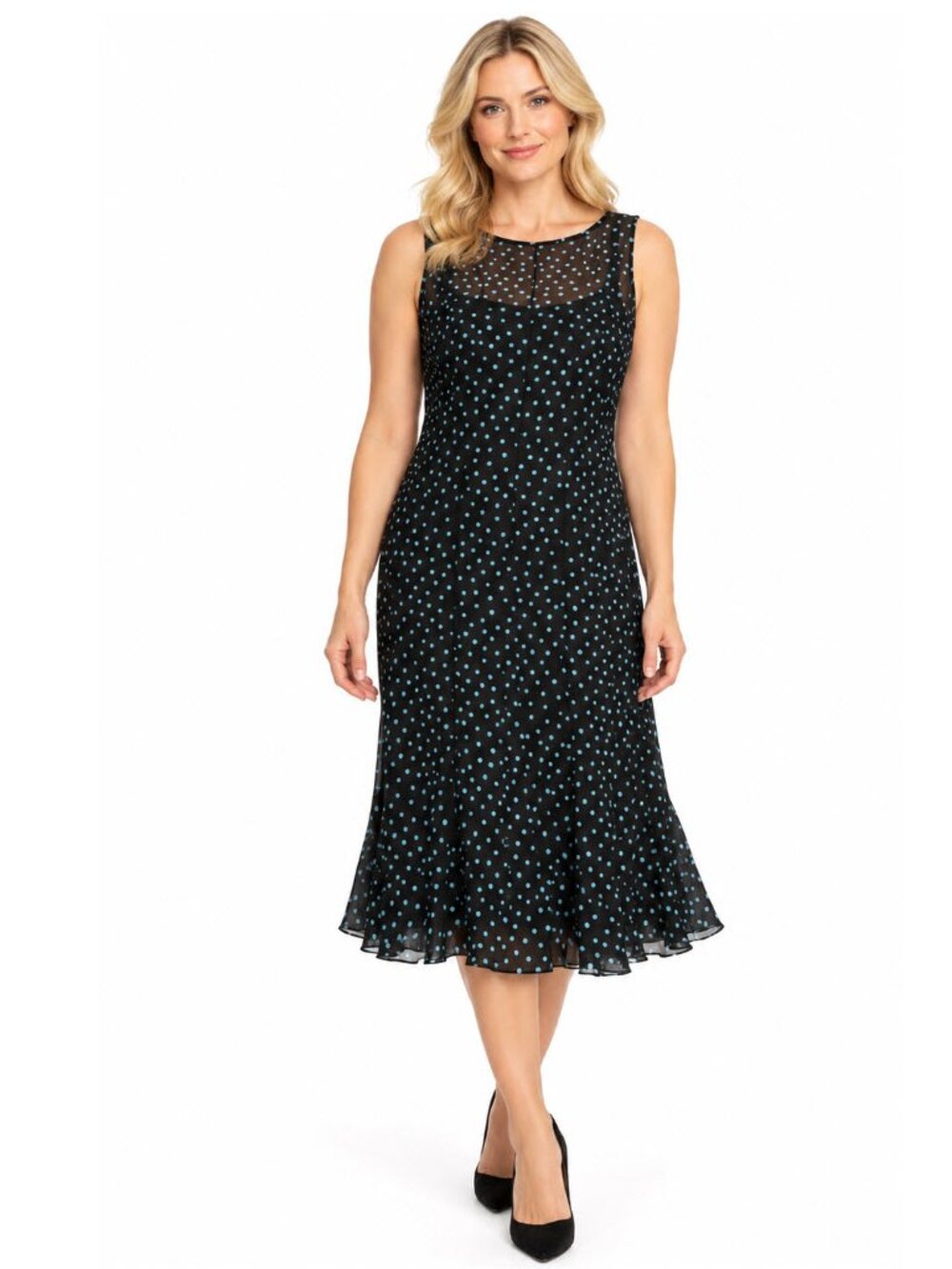 Sleeveless Black Polka Dot Midi Dress